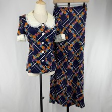 Vtg JcPenny 70s Floral Matching Set 2 pc Wide Leg Pants Blouse Mod Retro Size 7