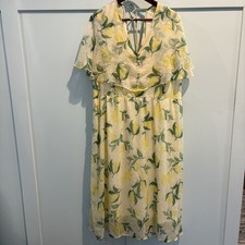 NWT Lemon Print Midi Dress Women 18 Yellow Vero Moda Curve Sheer Flutter Sleeve