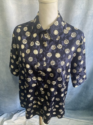 #ad Vtg 80s Da Rue Draper’s amp; Damon’s Navy Medallion Paisley Blouse Shirt 14P USA $19.99