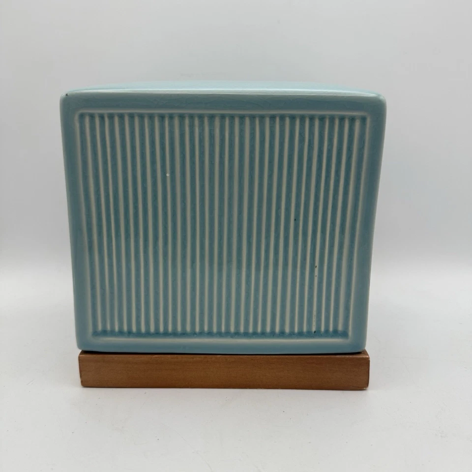 Aqua Blue Ceramic Tissue Box Holder With Wood Cottage Core Nautical Beach Vibes - Image 3 of 4