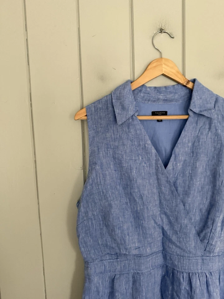 Talbots Shirt Dress 14P Blue Linen Faux Wrap Fit & Flare Pockets Sleeveless - Image 3 of 4