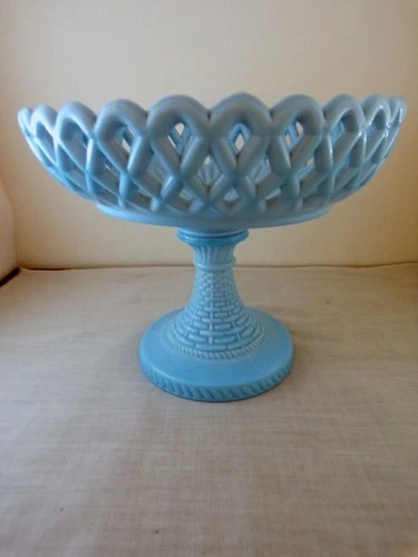 Blue Milk Glass compote basket weave and lace Victorian Challinor and Taylor