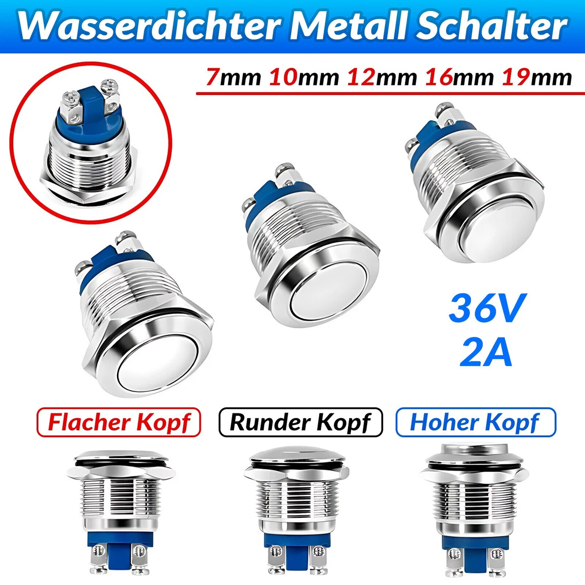 Drucktaster Schalter Button Hupe Metall Switch 12V 24V -250V / 5A 10A