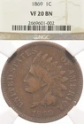 1869 1C NGC VF20 BN Indian Head One Cent Penny Semi-Key Date Coin