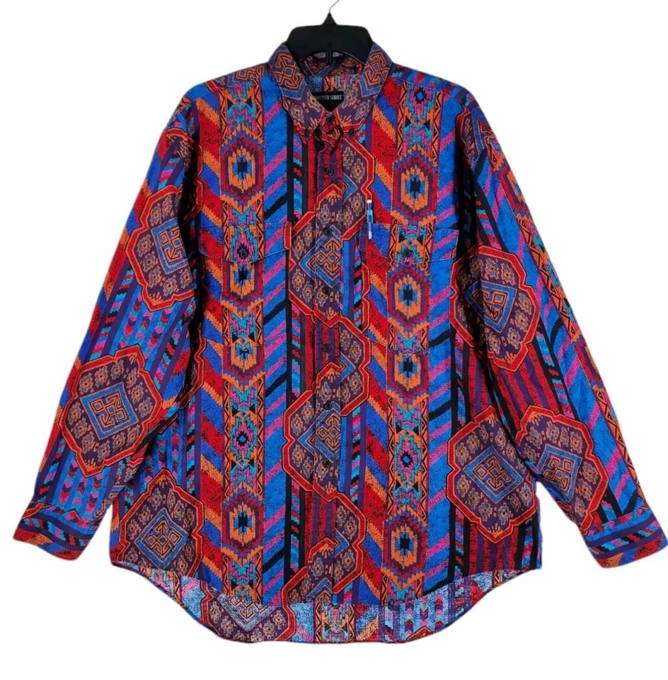 Camisa De Colección Frontier Serie LS Botón Para Hombres M Azul Naranja Multi Western Retro EE. UU. Foto 2 de 4
