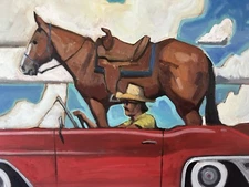 Original Western Cowboy Horse Painting Vintage Cars Signed Liam Large 36x24