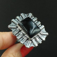 Natural Black Onyx Square Gemstone 925 Sterling Silver Ring Size-7.5 US