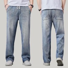 Men's Denim Blue Straight Leg Jeans Elastic Waist Casual Pants Trousers Business