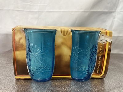Vintage Anchor Hocking Spring Song Juice Glasses. 5-1/2 oz. Blue Daisy H1