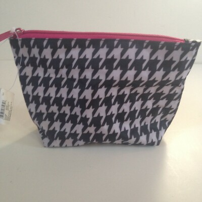 NEW! Basics Clutch Bag Purse Wallet Black & White Houndstooth Pink Zipper 5x7.5''