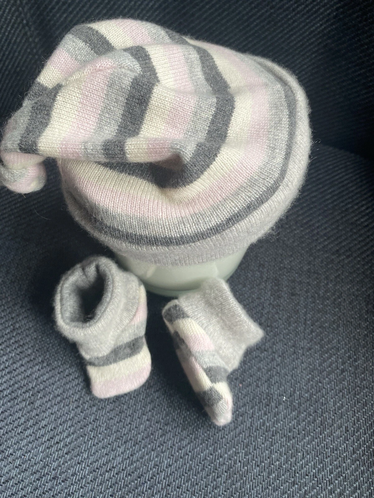 cashmere 100% recycled baby booties & Hat Set 0-6mths. Handmade Christening Gift