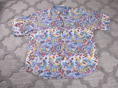 Vintage Bugle Boy Shirt Mens Extra Large Blue Abstract Island Aquatic Print