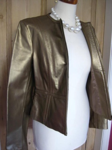 M&S gold leather JACKET COAT metallic 14 slim fit bolero cropped real party - Picture 18 of 20