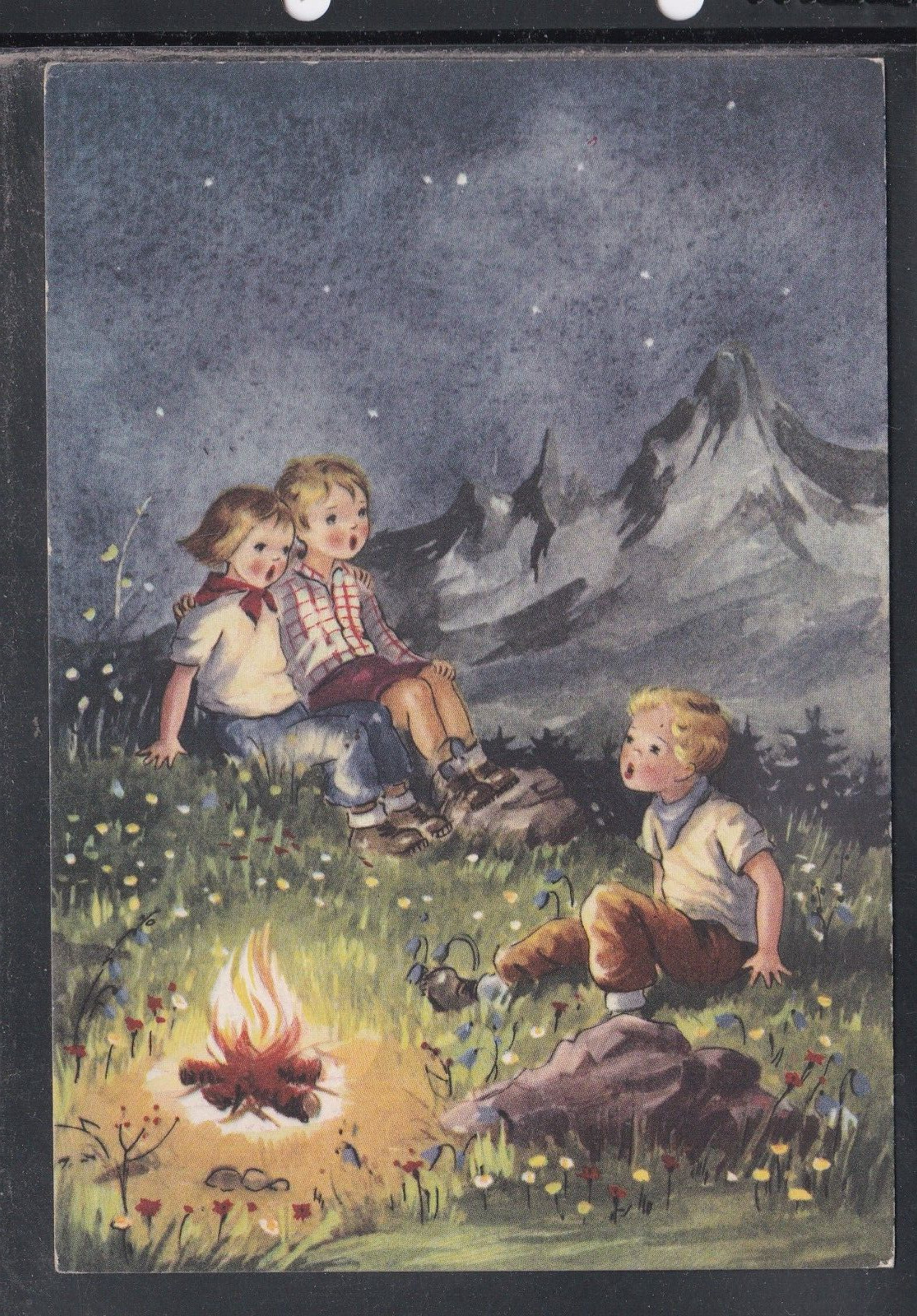 Cartolina Bambini in Montagna Che Cantano Intorno al Fuoco ZD1032
