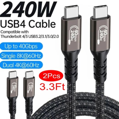2X Thunderbolt 4 3 USB-C 4.0 Cable Charger Data 40Gbps PD 240W 8K Video Display