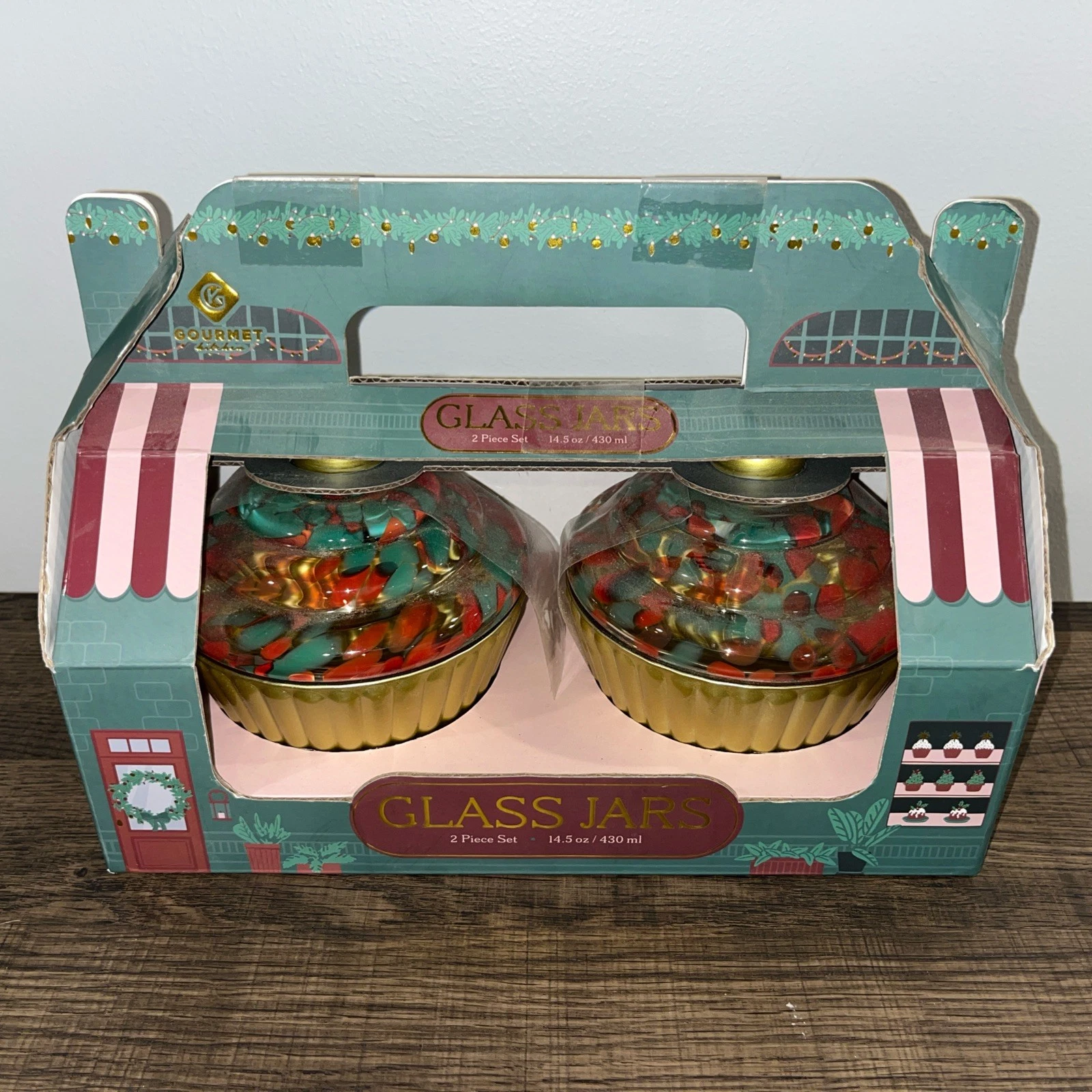 NIB Glass Cupcake Jars Set With Lids 2 Red, Green & Gold Gourmet Kitchen NEW