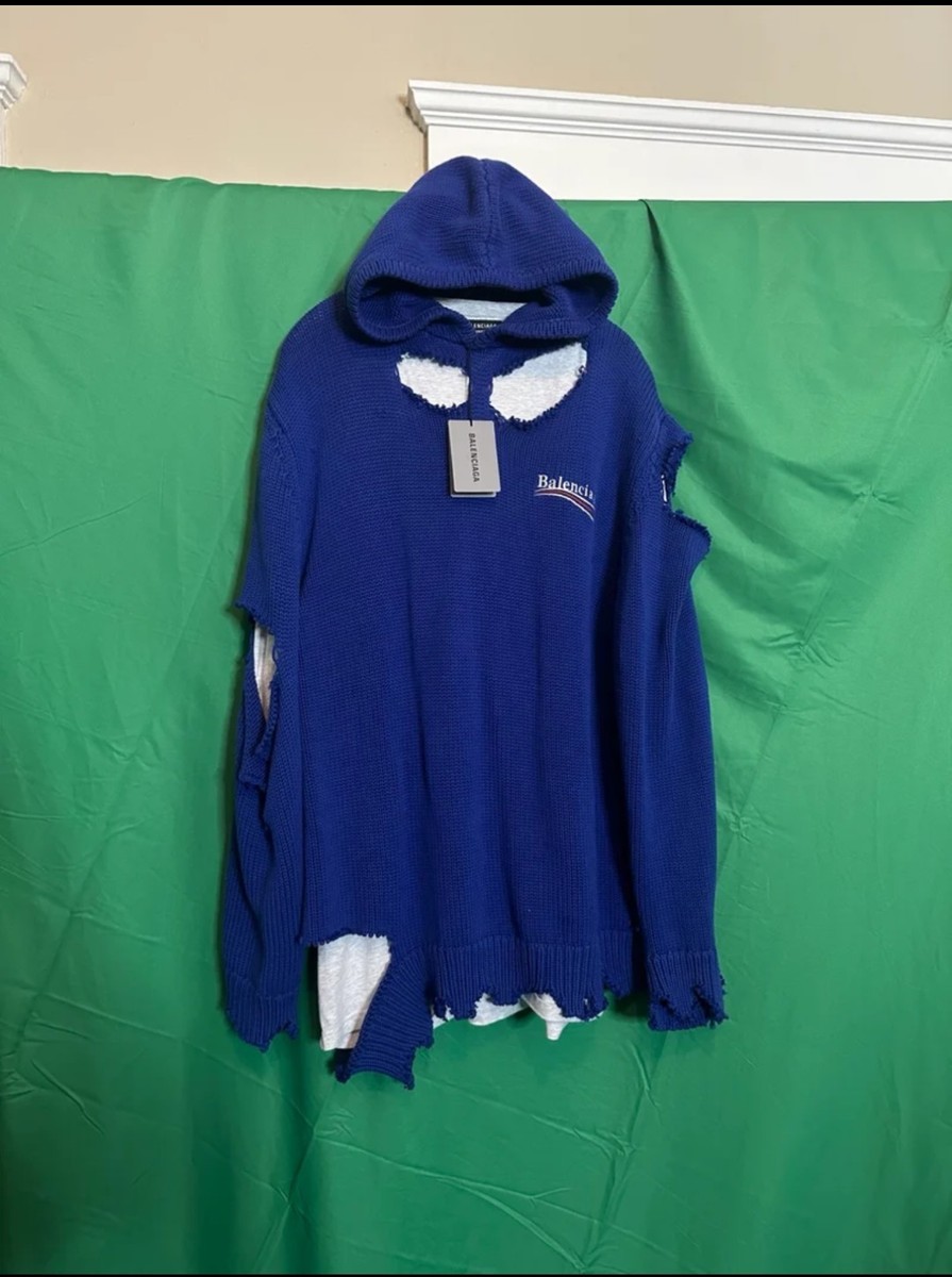 BALENCIAGA destroyed knit layered hybrid campaign hoodie blue with