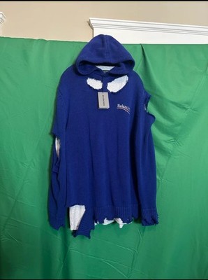 BALENCIAGA destroyed knit layered hybrid campaign hoodie blue with