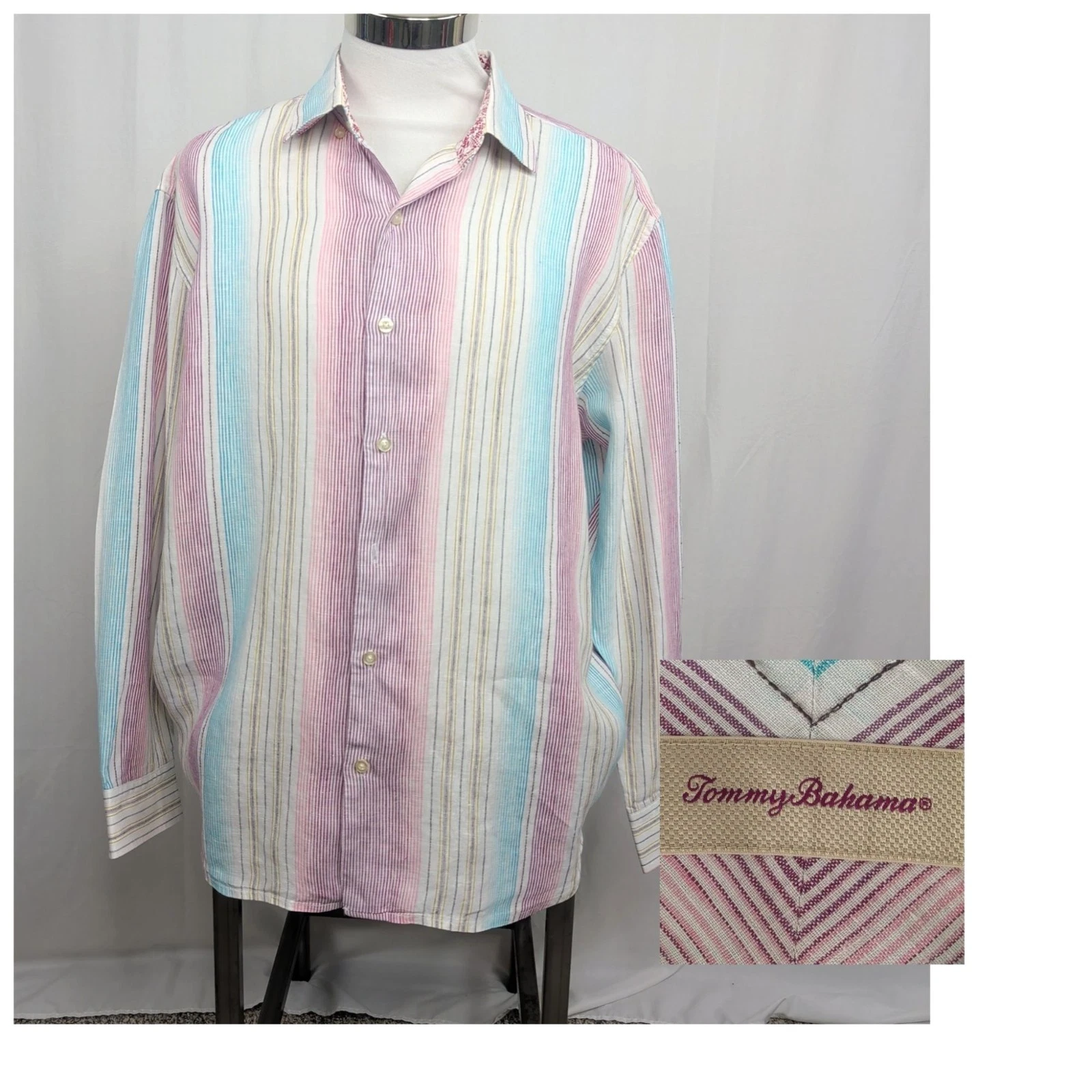 Tommy Bahama Button Down X Large White Striped Linen