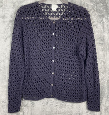 Garnet Hill Linen Cotton Beaded Open Knit Cardigan Small Blue Gray Quiet Luxury