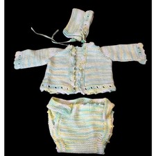 VTG Girls Baby Cardigan Sweater Set Hat Diaper Hand Made crocheted Size 3-6 Mos