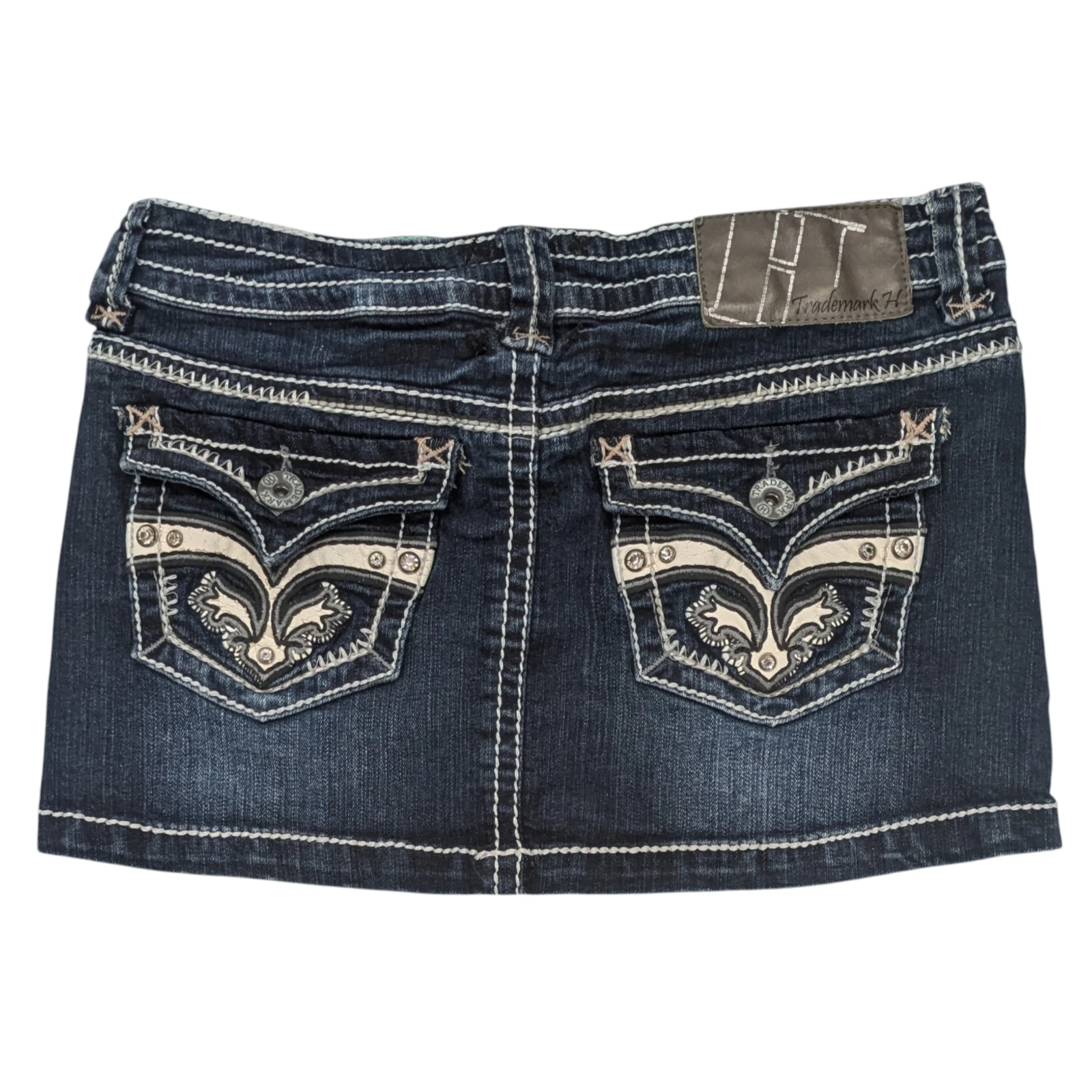 Vintage Y2K Low Rise Denim Micro Mini Skirt 5/6 Rhinestone McBling Indie Sleaze