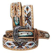 Western 2" Tapered Feather Tooled Thunderbird Beaded Leather Belt 26RT63T2