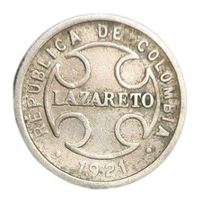 1921 Republic of Colombia 2 Centavos Coin Lazareto Leper Colony KM L10