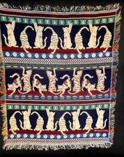 VTG CROWN CRAFTS CAT KITTEN COTTON TAPESTRY THROW BLANKET WITH FRINGE 48x60"-EUC