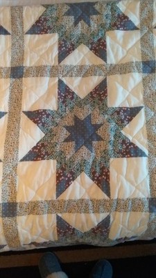 Beautiful Floral Eight 8 Point Star Quilt With Blue Border 76'' x 84'' EUC