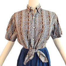 Vintage 1970s Blue Brown Pattern Short Sleeve Button Down Collared Retro Disco