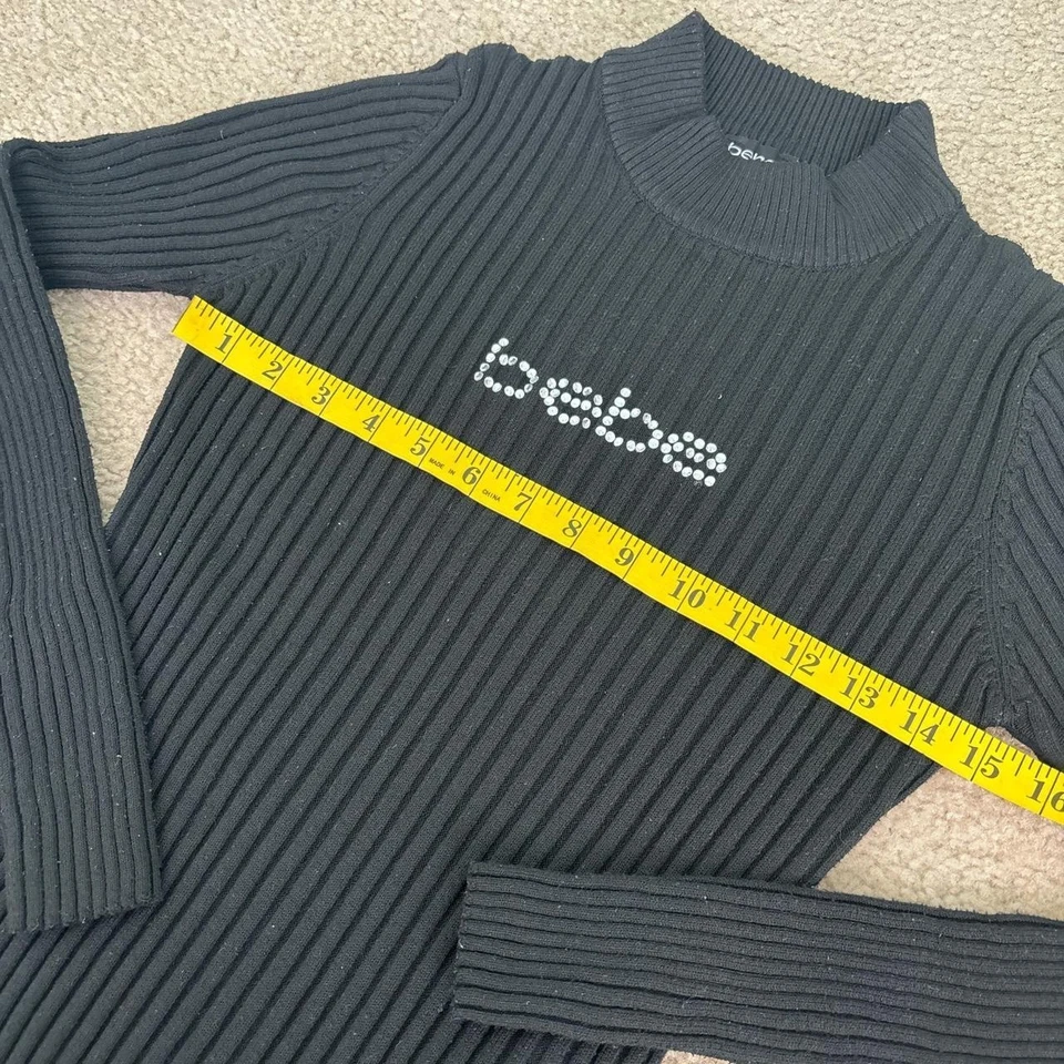 Bebe Y2K Ribbed Knit Sweater Women Size M Black Mock Neck Beaded Logo 90s - Image 4 of 4