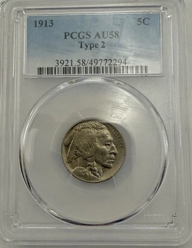 1913 BUFFALO NICKEL, TYPE 2 - PCGS AU-58, GORGEOUS TONE