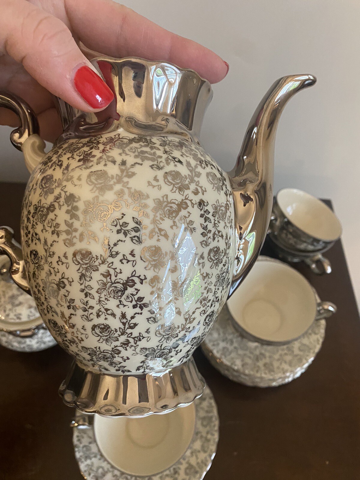 Bavaria Tea Set Silver White Floral 15 Piece Creamer Teapot Mini Cups