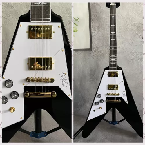 Left Hand Flying V Electric Guitar HH Pickups Gold Part Rosewood Fretboard Black