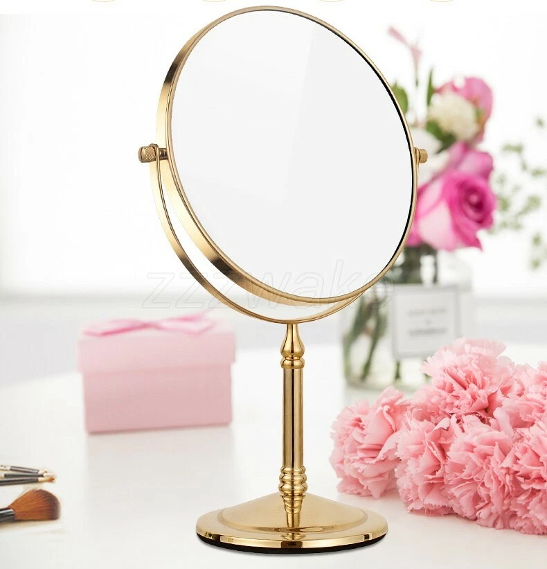 Golden Bathroom Double Sided Mirror Rotating Round Shape Makeup