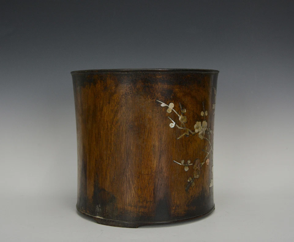 Maceta grande antigua china Huanghuali de madera dura con incrustaciones de nácar Foto 4 de 4