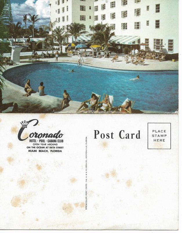 NICE VINTAGE POSTCARD CORONADO  HOTEL  POOL CABANA CLUB  MIAMI BEACH FLORIDA