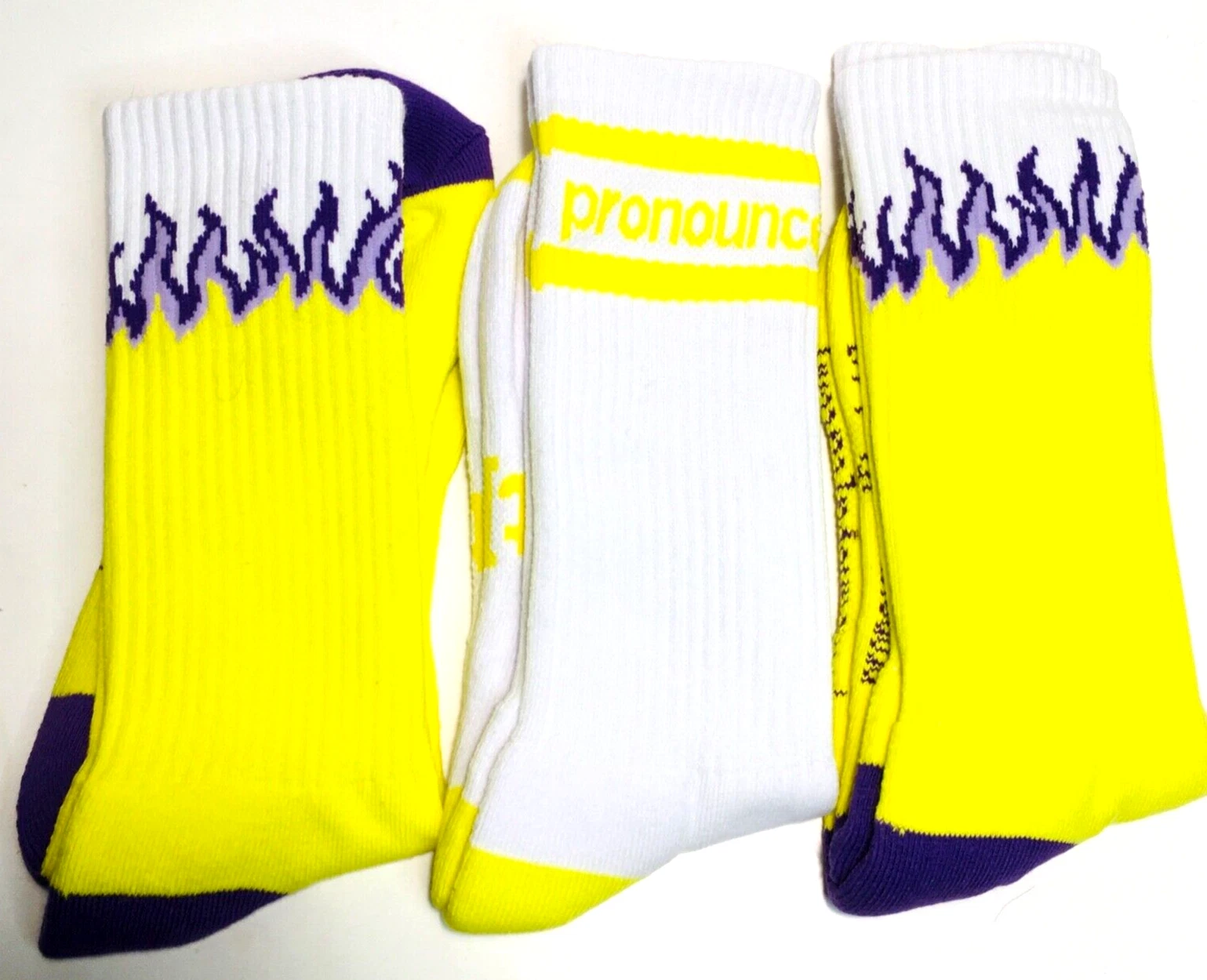 Pronoounced [Tatchi] Socks Purple/Yellow Socks (3 Pairs) 100% AUTHENTIC flames