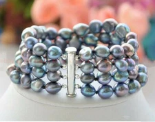 4 Rows 8-9mm Natural Peacock Black Freshwater Baroque Pearl Bracelet 7.5''