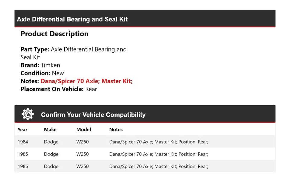 For 1984-1986 Dodge W250 Axle Differential Bearing and Seal Kit Rear Timken 1985 - Image 2 of 3