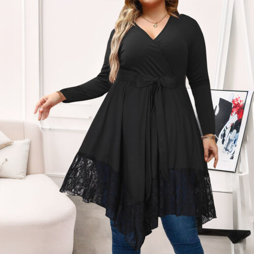 Plus Size Women V Neck Lace Long Sleeve Tops Ladies Casual Belted Blouse T Shirt - Picture 16 of 16
