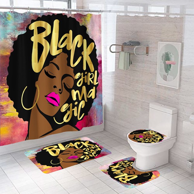 Black Girl Shower Curtain Bathroom Rug Set Bath Mat NonSlip Toilet Lid