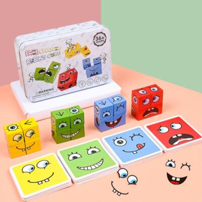 Cube Face Change  Board Game Wood Puzzle Montessori Expression Wooden Blocks Blo