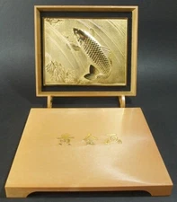 JAPANESE METAL ENGRAVING GOLD CARP CLIMBING UP WATERFALL by RYUKOU HAPPY DESIGN