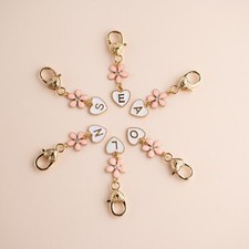 Cute Pink Flower Personalised Initial Letter Heart Charm Keychain Keyring Gift