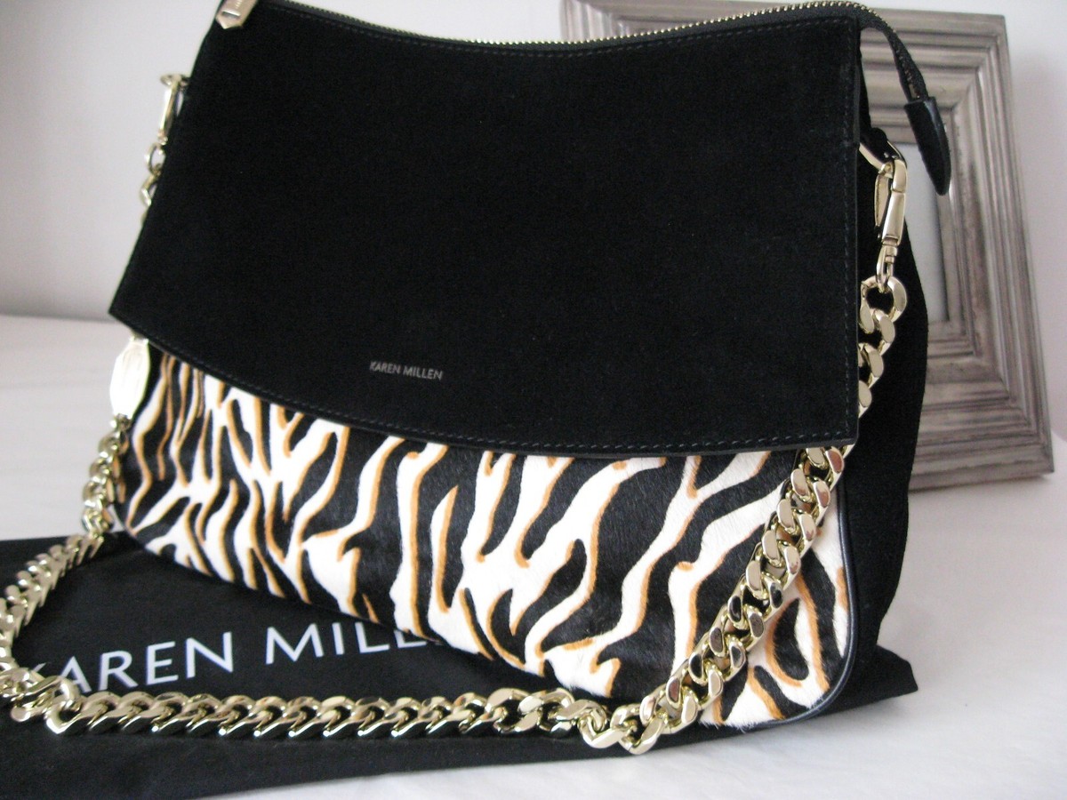 KAREN MILLEN!!! LARGE BLACK 100% COW LEATHER ANIMAL PRINT FUR