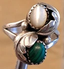 Native American Sterling Silver Malachite MOP Ring size 9.5 Feather Ball Design