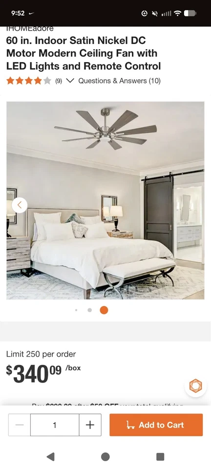 60 Inch Satin Nickel Ceiling Fan with LED Lights and Remote Control - Image 2 of 4