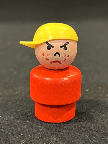 Vintage Original Fisher Price Little People Red Wooden Base Yellow Baseball Cap